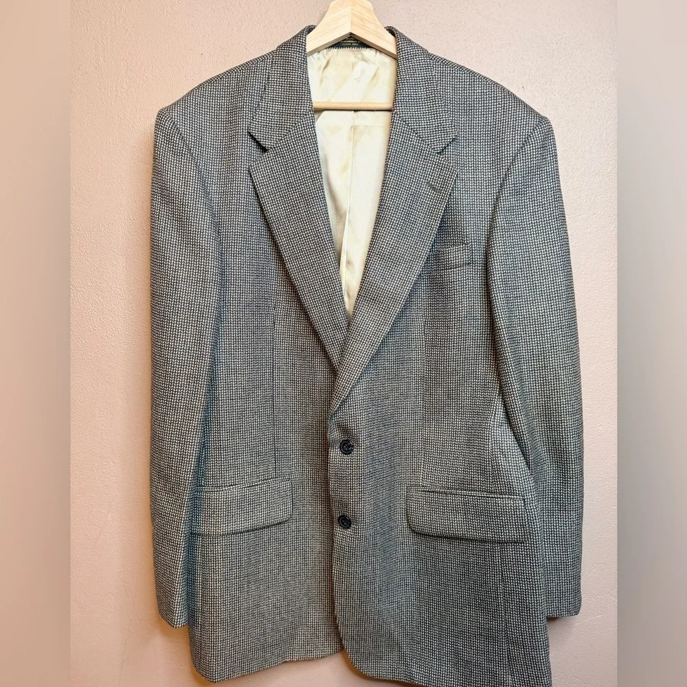 Oscar de la Renta Charcoal Herringbone 100% Wool Blazer Sport Coat 2 Button 44L